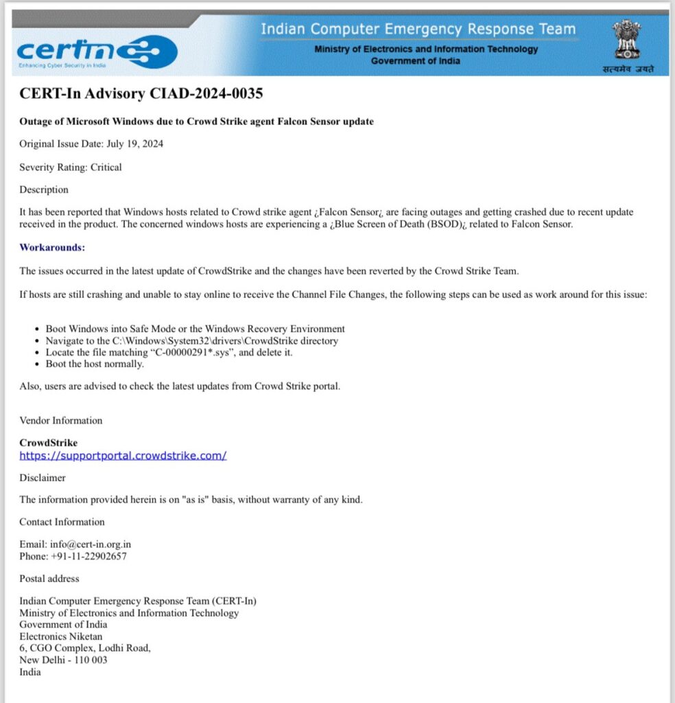 CERT-In advisory on the outage of Microsoft. 